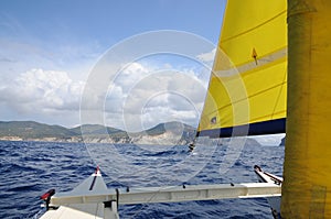 Sailing Catamaran with yellow sails in Ibiza Spain